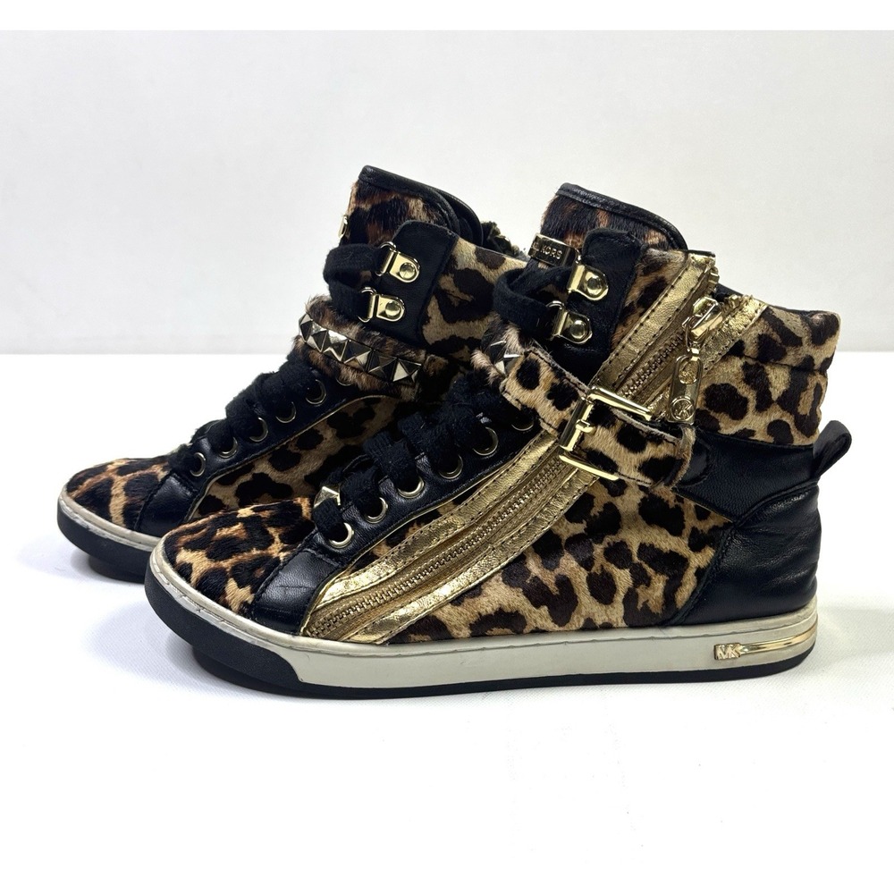 Michael Kors Women's 6.5M High Top Sneakers Leopard Calf Hair Gold Black Studded